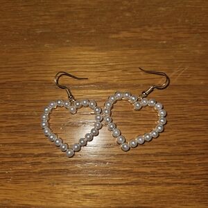 Pearl Beaded Heart Drop Earrings - White